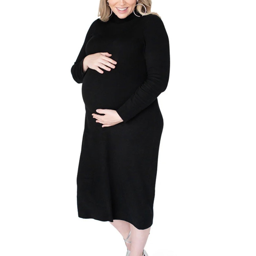 Due Time Maternity black mock neck long sleeve stretch shift dress size medium